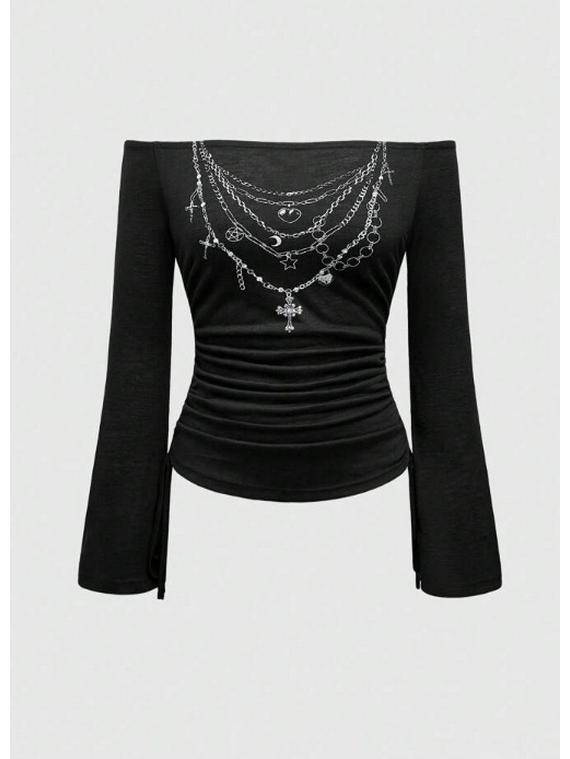 2026 Autumn/Winter Retro Street Style Y2K Printed Slim Fit Women's Tops