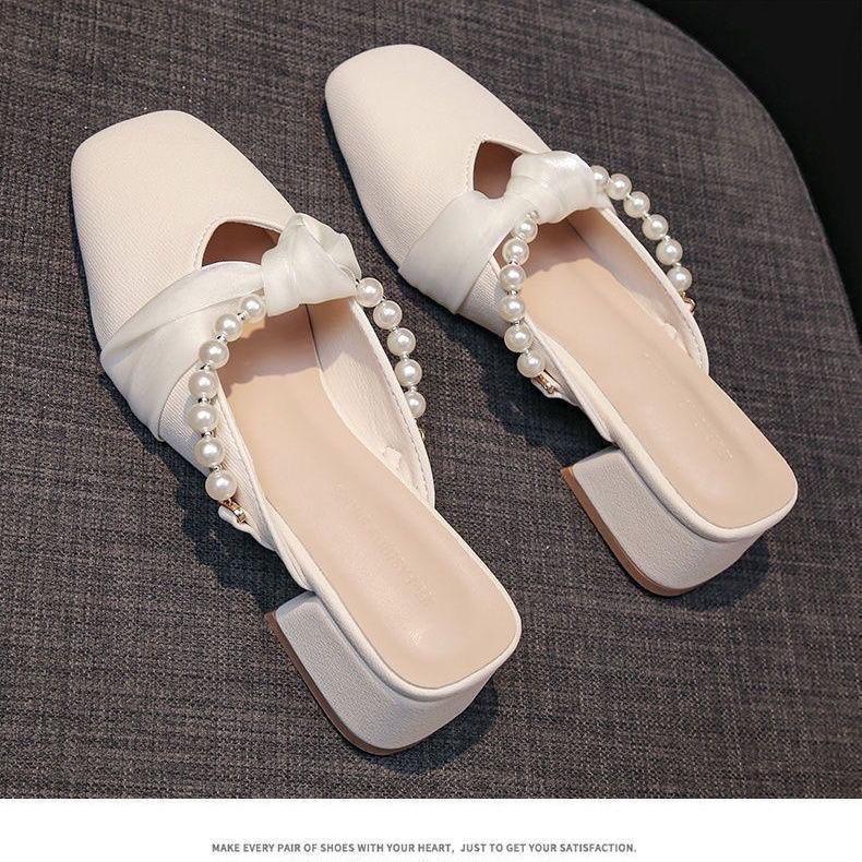 Slippers In the Autumn of 2025 New Niche Bag Head French Pearl Bow Comfortable and Wear-resistant Middle Heel Half Tray