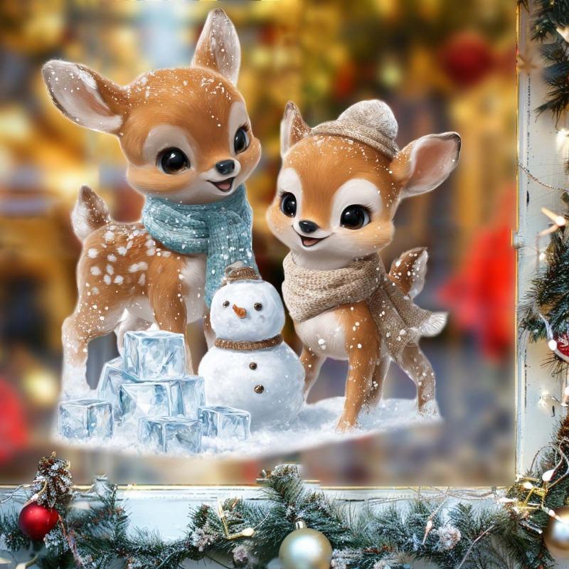 Christmas Cartoon Deer Snowman Fully Transparent Double-sided Visible Glass Home Decoration Stickers