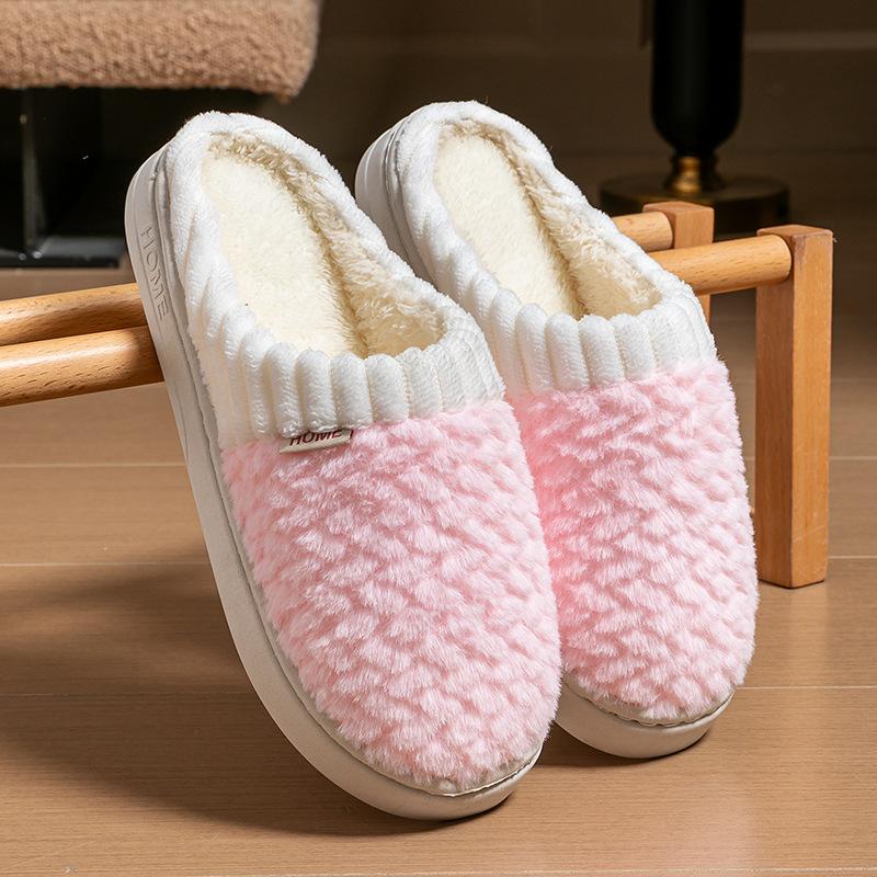 Cotton Slippers Autumn and Winter Color Matching and Shit Feeling At Home Indoor Thick-soled Warm Couple Plush Shoes