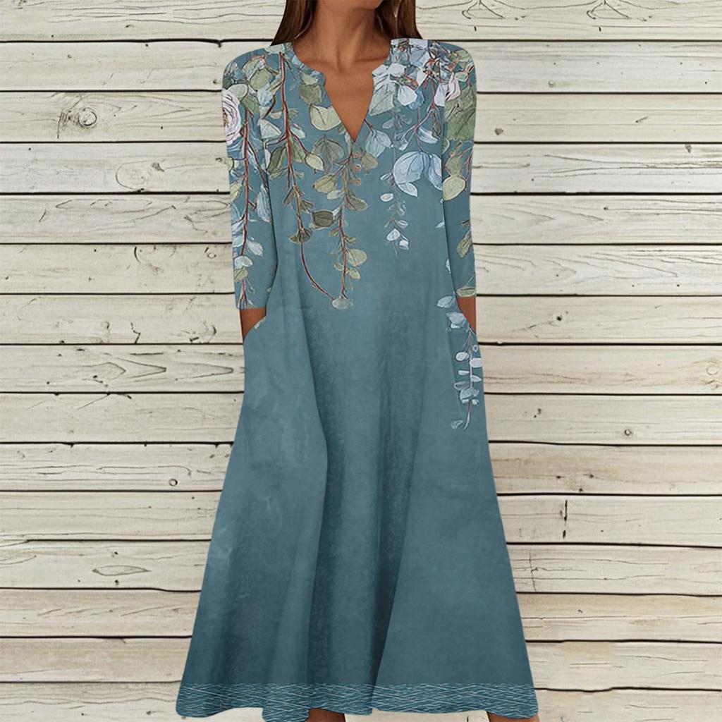 Women's Summer Casual V-Neck Button Vintage Floral Print Three-quarter Sleeve Long Dress With Pockets
