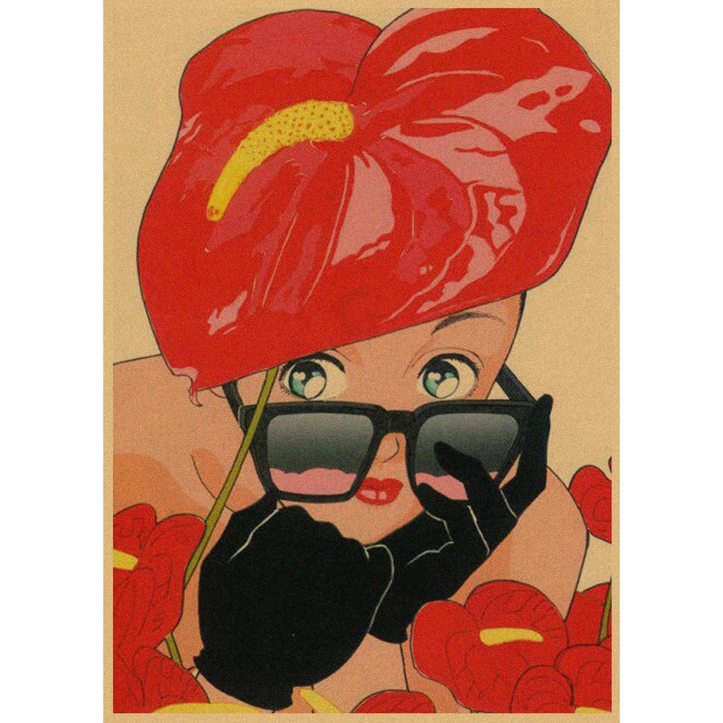 Sakura Diaries Retro Kraftpapier Manga Illustration Wandkunst