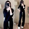 2025 Autumn/Winter High-End Women's Casual Sportswear Set: Stylish Slimming Color Block Hoodie & Wide-Leg Two-Piece Set