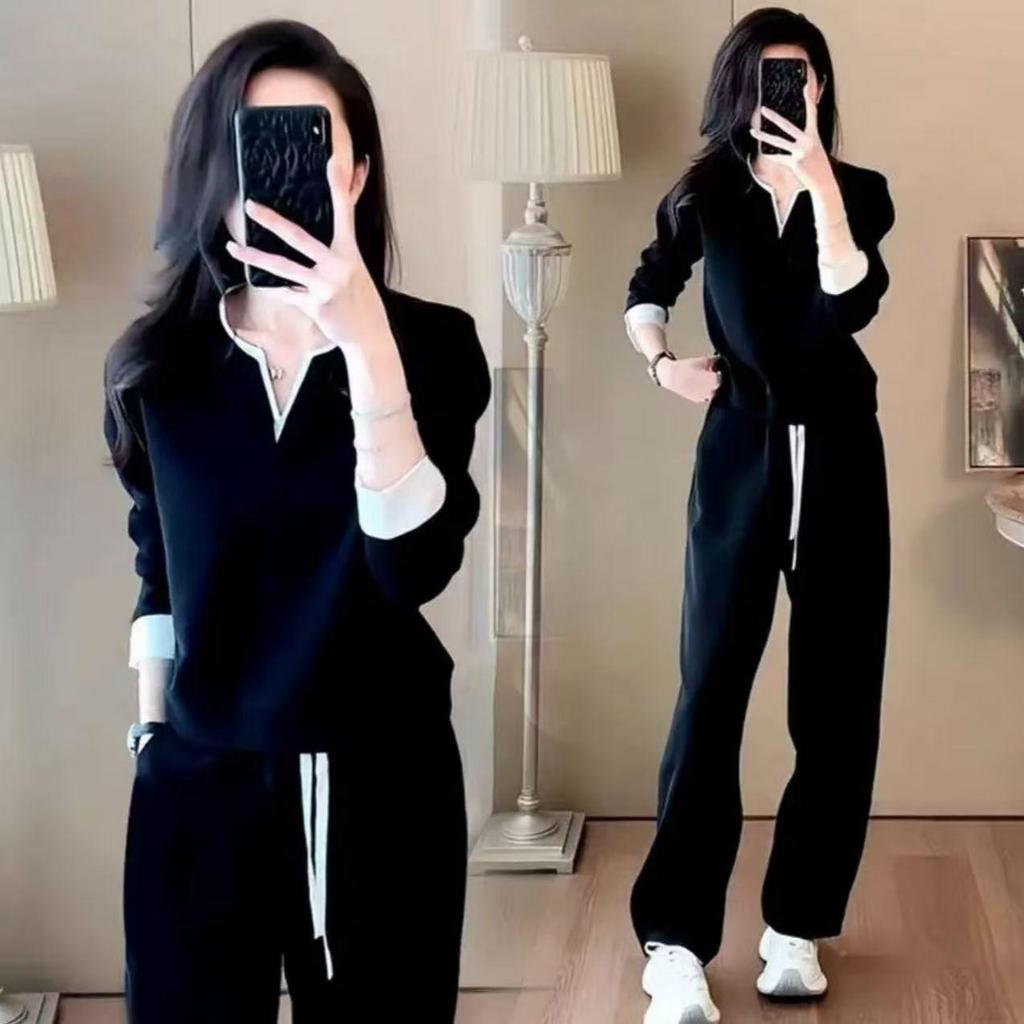 2025 Autumn/Winter High-End Women's Casual Sportswear Set: Stylish Slimming Color Block Hoodie & Wide-Leg Two-Piece Set