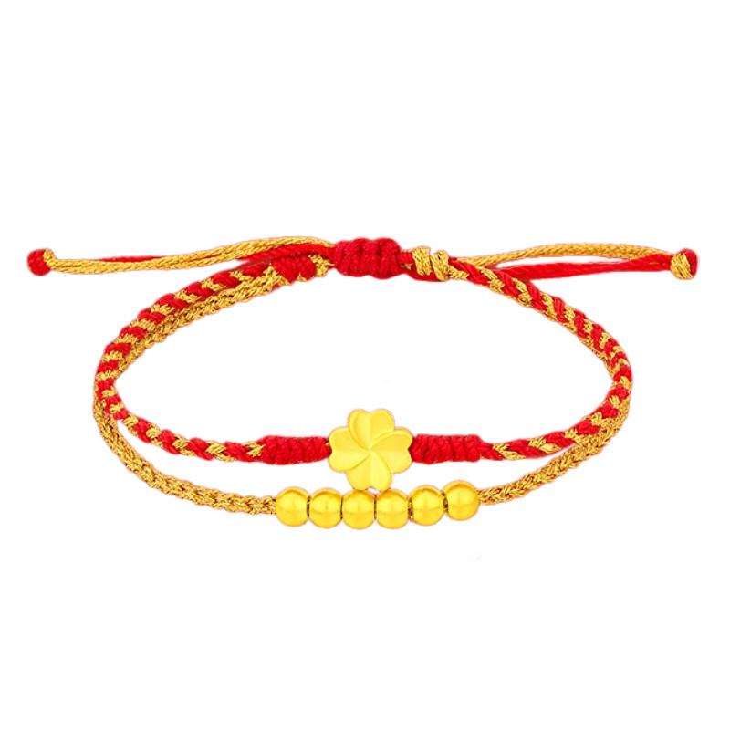 999 Pure Gold 3D Hard Gold Four-Leaf Clover Red Bracelet - Valentine s Day Hot Seller Pure Gold Bracelet