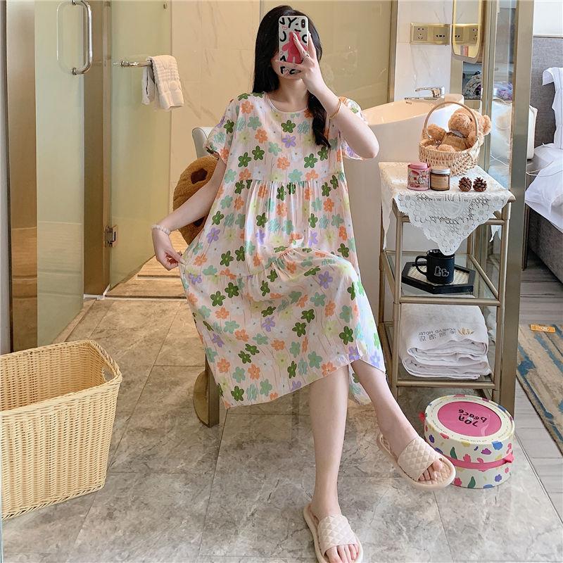 Cotton and silk nightgown women's spring and autumn casual short-sleeved large-size printed pajamas summer thin high-end cotton loungewear