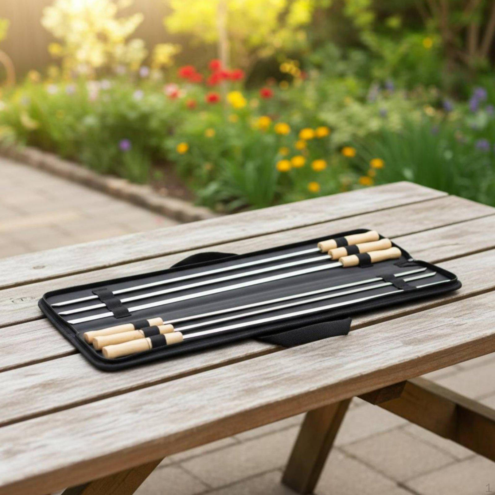 6 Pieces Stainless Steel Barbecue Skewer Heavy Duty Long Wooden Handle Rust Resistant Bbq