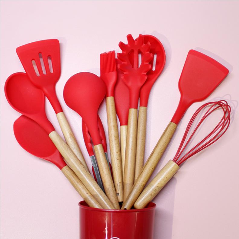 12 piece wooden handle silicone kitchenware set for simple kitchen style cooking with storage bucket and boxed kitchenware set