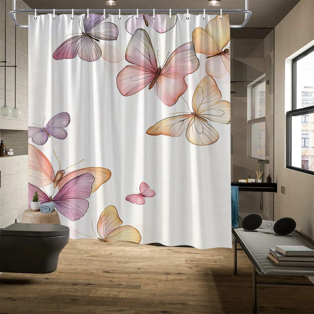 Whimsical Pastel Butterflies Shower Curtain - Digital Illustration, Soft Translucent Wings W90xH180cm