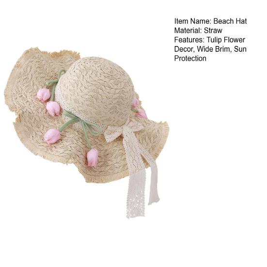 Summer Beach Hat Wavy Fringe Detail Tulip Decor Lace Ribbon Straw Hat French Style Foldable Portable Outdoor Travel Hat