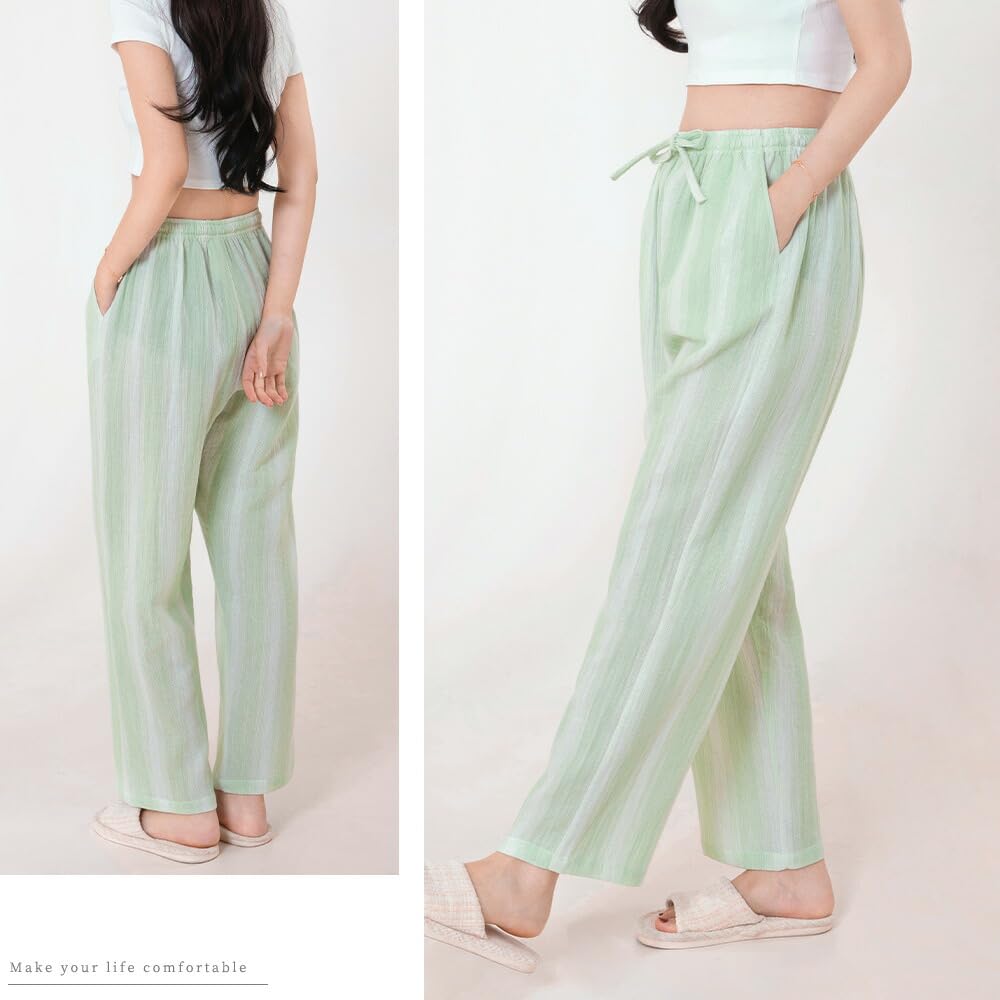 Yes Family Double Gauze Pajama Straight Striped Size Green Women's Pants, 100% Cotton, Fit, Pattern, M,