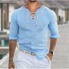Herren Freizeitshirt Weiß Blau Grau Langarm Einfarbig V-Ausschnitt Frühling und Sommer Freizeit Festival Kleidung Kleidung zum Schnüren