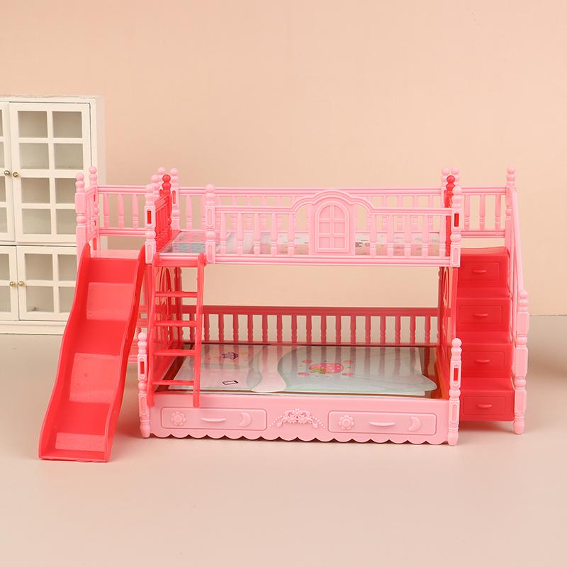 1Set Dollhouse Mini Princess Bunk Bed Featuring Slide Simulation Furniture Model Toy Accessories Dolls House Bedroom Decoration