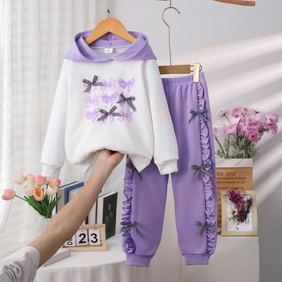 Mädchen Kapuzen-Trainingsanzug Set Bedruckter Schleifen-Pullover Hoodie + Hosen Set Herbst/Winter Bequem Lässig 2-teilig