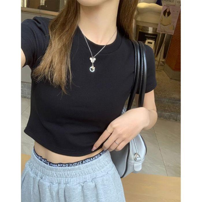 

Cotton short short-sleeved T-shirt women s summer pure desire style sexy hottie slim-fitting niche student top L (recommended 57.5-65kg ) чорний