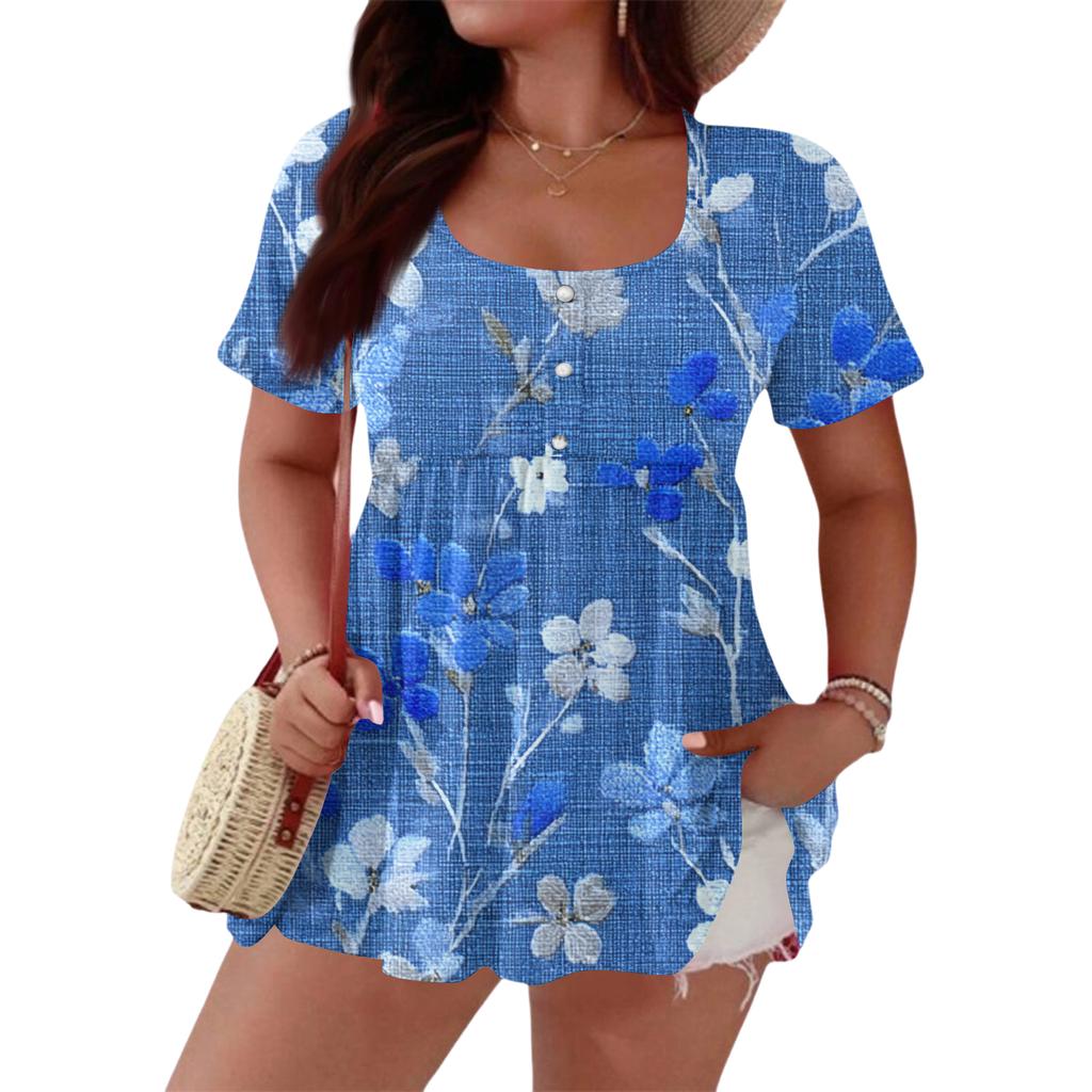 Women's Fashionable Casual Short Sleeve Loose Fit Button Front Printed Blouse