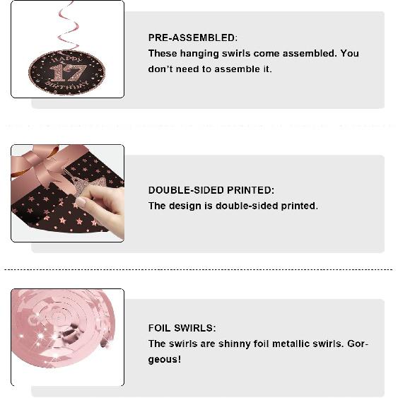 BRT Bearingshui Happy 17th Birthday Party Hanging Swirls Streams Ceiling Decorations, Celebration 17 Foil Hanging Swirls with Cutouts for 17 Years