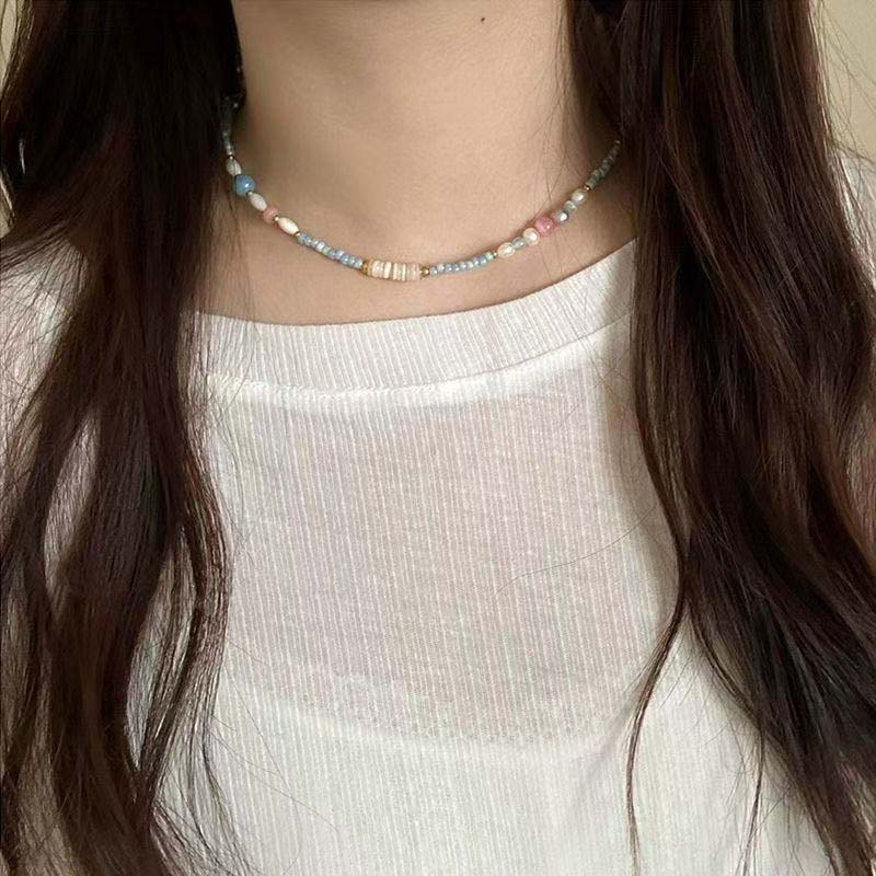 Temperament Sweet Dopamine Color Fresh Pink Blue Resin Beads Imitation Pearl Beaded Necklace for Women Collar Chain Jewelry Gift