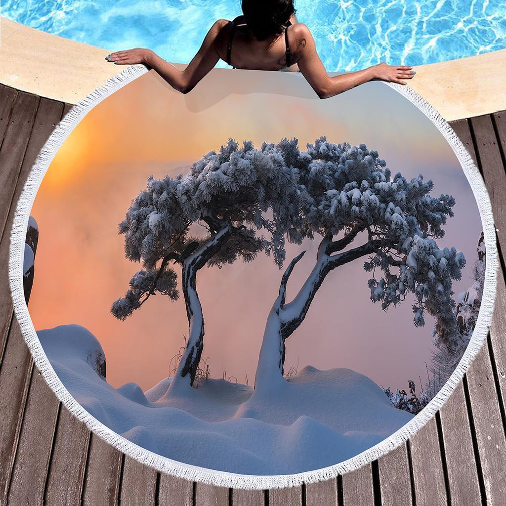 Round Beach Towel,Fantasy Winter Tree Printing Polyester Sand Resistant Beach Blanket,Absorbent Quick Dry Pool Towel Picnic Mat