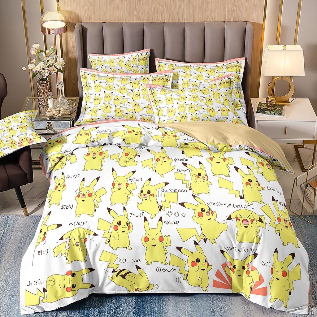Pokémon Cartoon Bedding Set, Pikachu Cute Duvet Cover Pillowcase, Home Bedroom Three-piece Set, Boy and Girl Comforter Sets