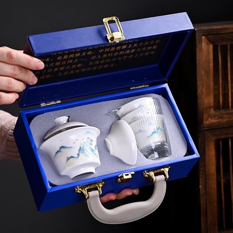 Qianli Jiangshan Suet Jade Porcelain White Porcelain Tea Set, a Complete Set of Gift Boxes, Customized Business Gifts, Souvenirs