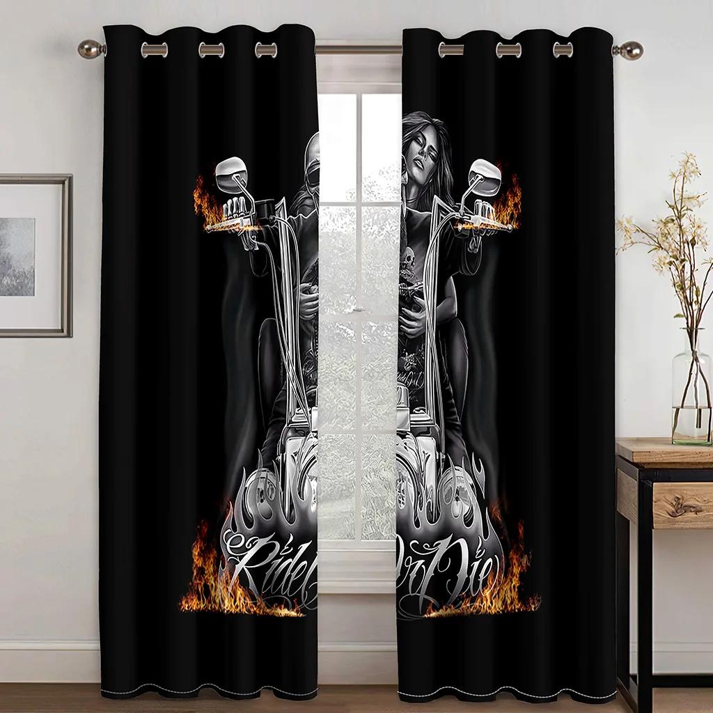 Cortinas Decorativas de Halloween 3D para Ventana de Sala de Estar, Dormitorio, Balcón con Diseño de Calavera Negra Masculina, 2 Paneles