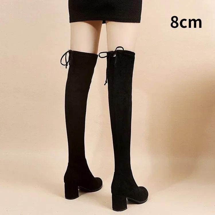 Faux Suede Female Heels Autumn Zipper Elastic Knee-high Boots for Women Tube Lace-up Thigh Gigh Boots Black Botas Mujer