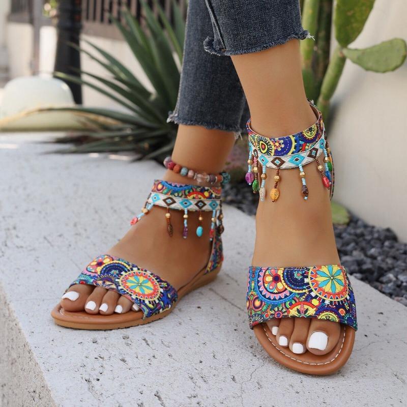 

Женские летние сандалии на танкетке большого размера, новые, с принтом на плоской подошве, однословный стиль, сандалии с бахромой 43
