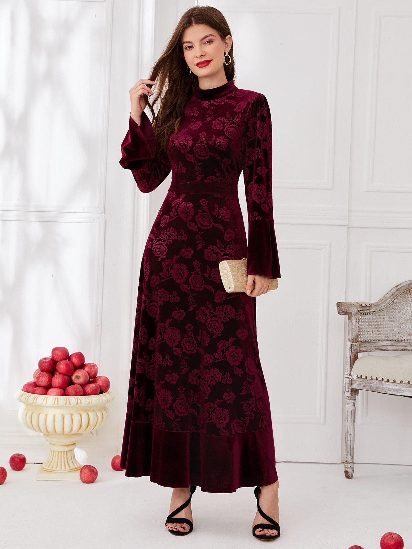 

2025 Elegant Velvet Jacquard Dress: European-American Middle Eastern Women s Fall/Winter Fashion M вино красного