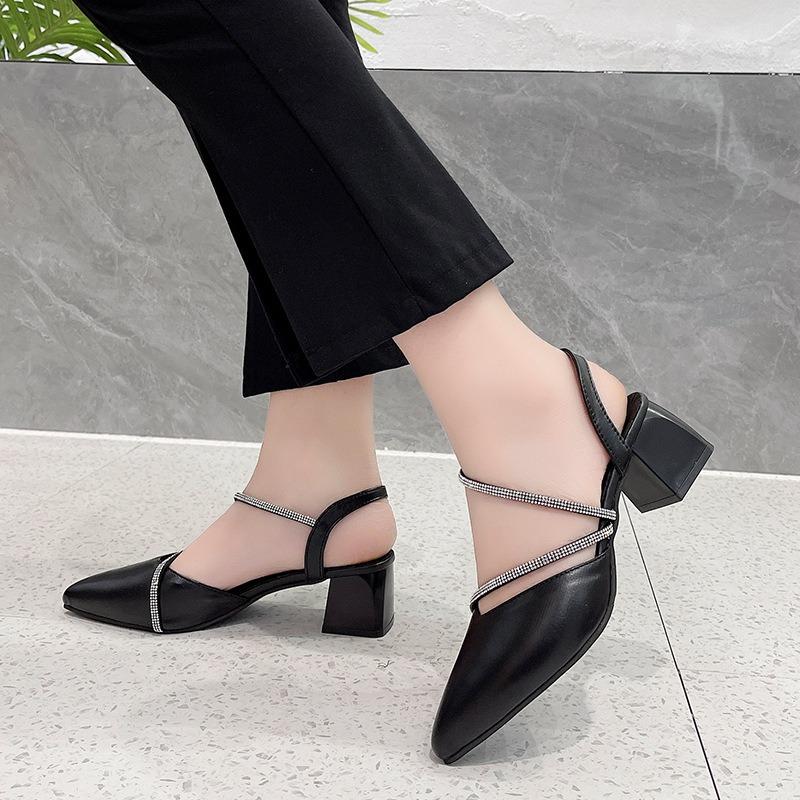 Fashion Sandals Women's Style Summer New Thick Heel Pointed Head Bag Head Word with Rhinestone Women's High Heels Women's Shoes