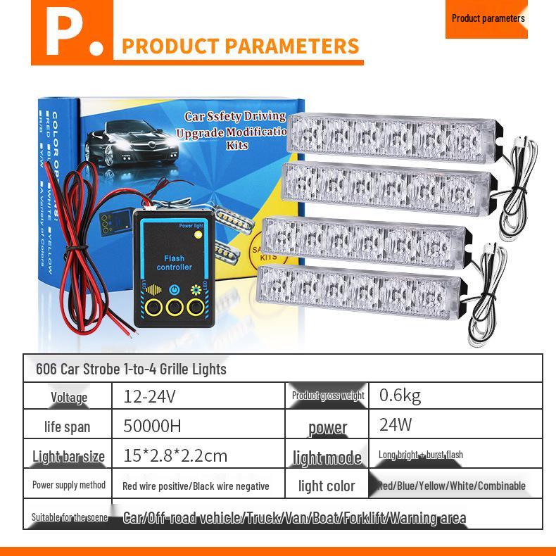 Car Grille LED Warning & Atmosphere Light - Motorcycle-Compatible, One-to-Four Flashing Net Light