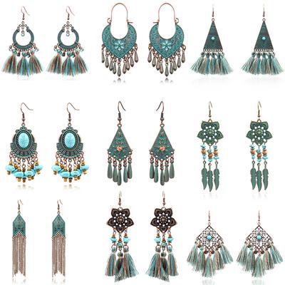 Fashion Vintage Ethnic Bohemian Drop Dangle Earrings For Women Tassel Beaded Turquoise Geometric Flower Boho Cotton Wire Earring