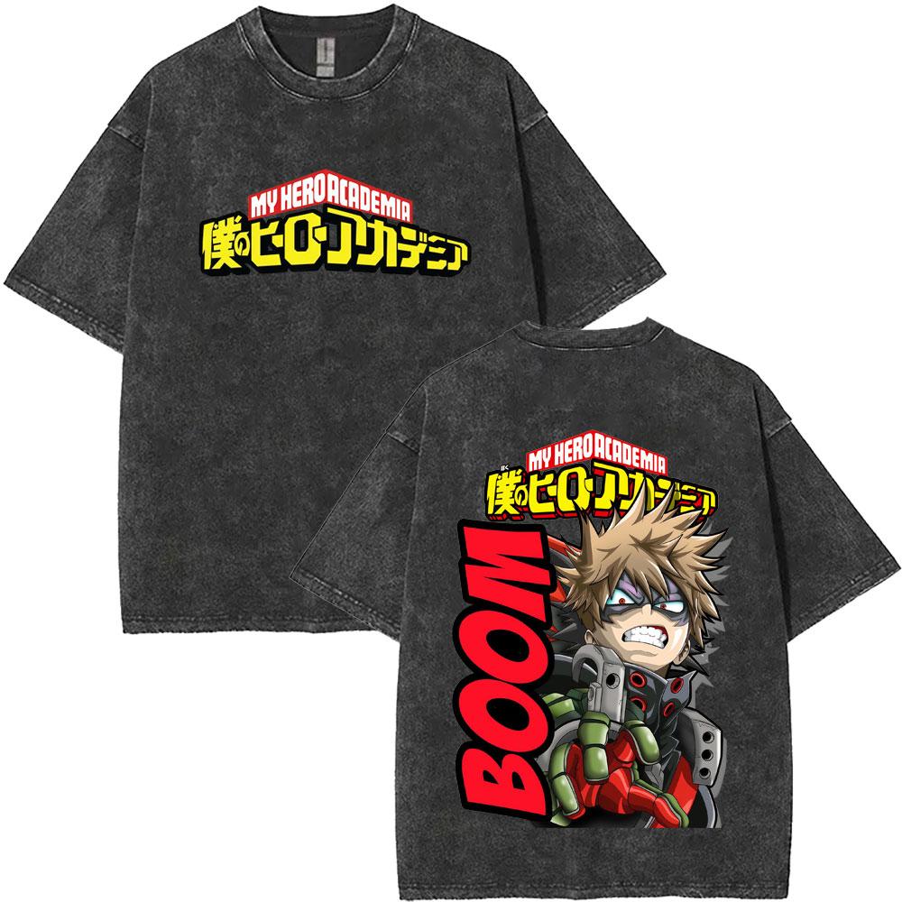 Anime My Hero Academia Vintage Washed Tshirt Cartoon Bakugou Katsuki Graphic T Shirts Men Women Manga Casual Oversized Tshirts