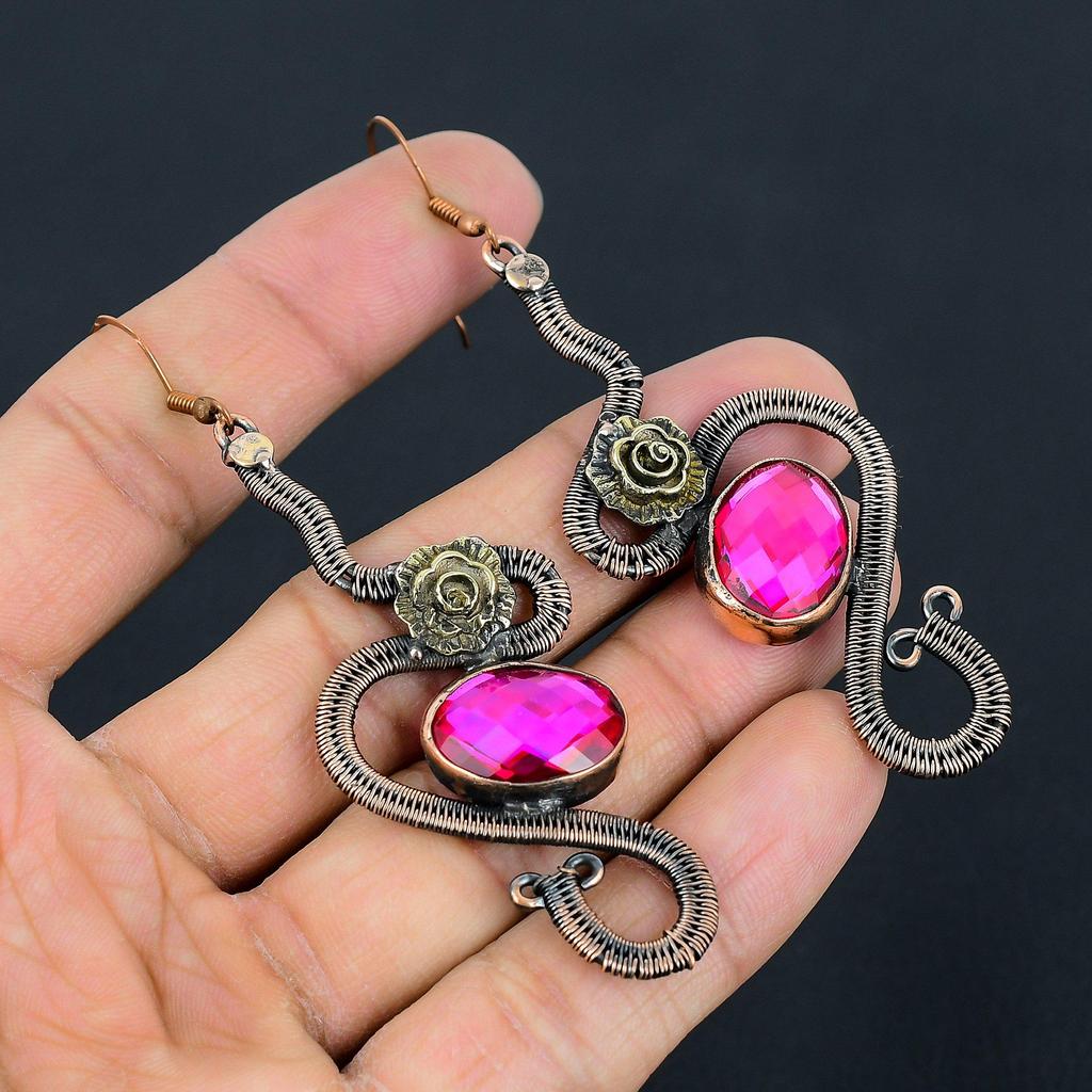 Faceted Mystic Topaz Earrings, 999 Copper Wire Wrapped Earrings, Handmade Gemstone Jewelry, Gifts For Wife Brand New Earrings