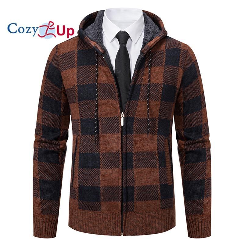 Cozy Up Men Sweater Coat  Autumn Winter Thick Warm Hooded Plaid Wool Sweater Cardigan  Zipper Fleece Coat Men