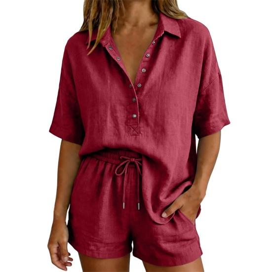 Conjunto de Verano de Algodón para Mujer, Top Holgado de Manga Corta con Botones y Cuello en V con Pantalones Cortos de Cintura Alta, Conjunto de 2 Piezas, Transpirable, Verano, Casual, Playa, Viaje