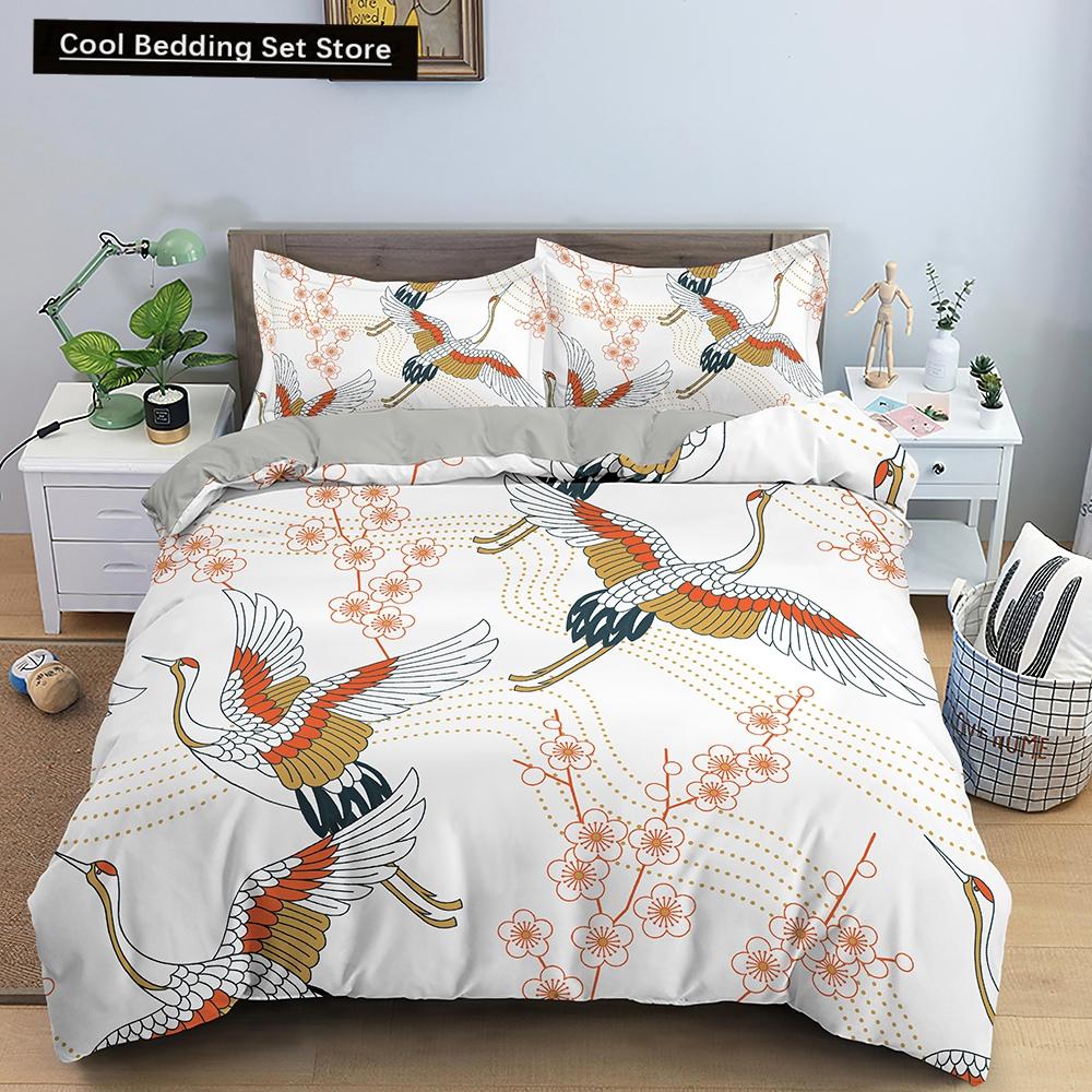 Kranich Gedrucktes Bettwäscheset 3D Rote Japanische Kirschblüten Bettbezug King Queen Größe Floral Wolke 2/3tlg. Polyester Steppdeckenbezug