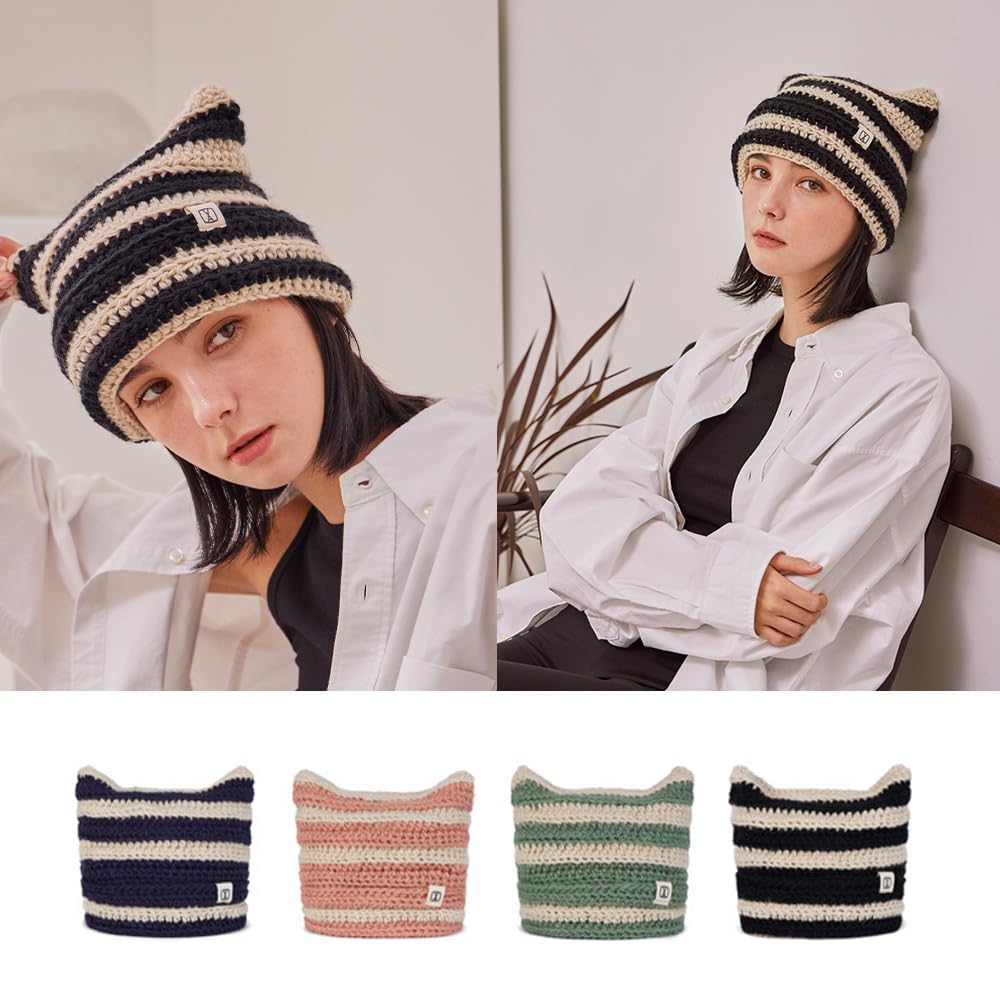 Square Label Stripe Crochet Beanie Black [VARZAR]