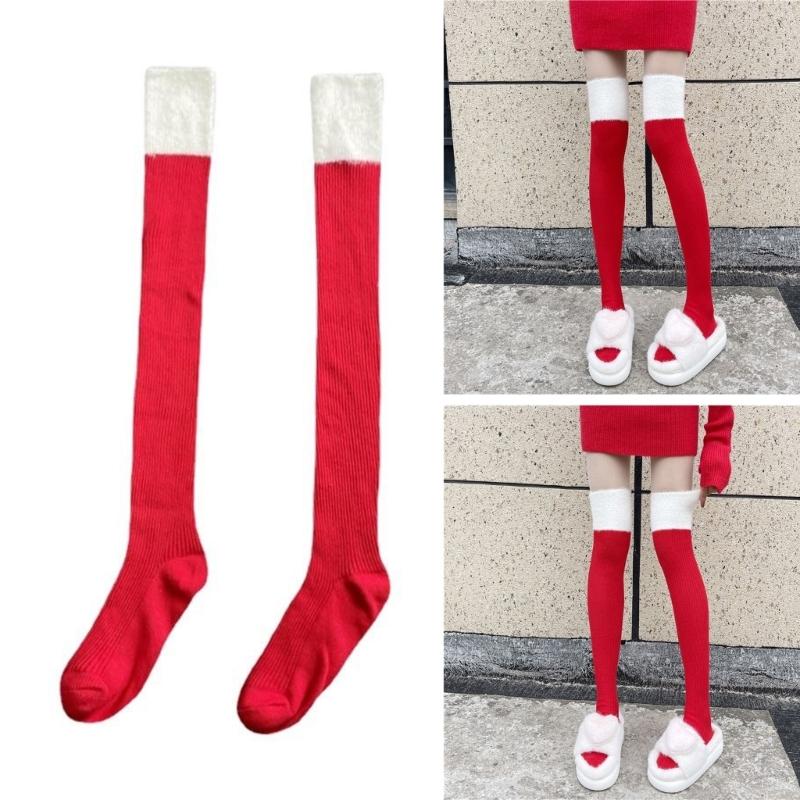 Classical Holiday Themed Cosplay Christmas Thigh High Long Socks for Women Plush Top Patchwork Over the Knee Stockings