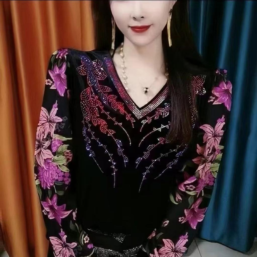 Autumn Winter Women's V-neck Velvet Blouse Rhinestone Loose Patchwork Printed Pullover Blouse