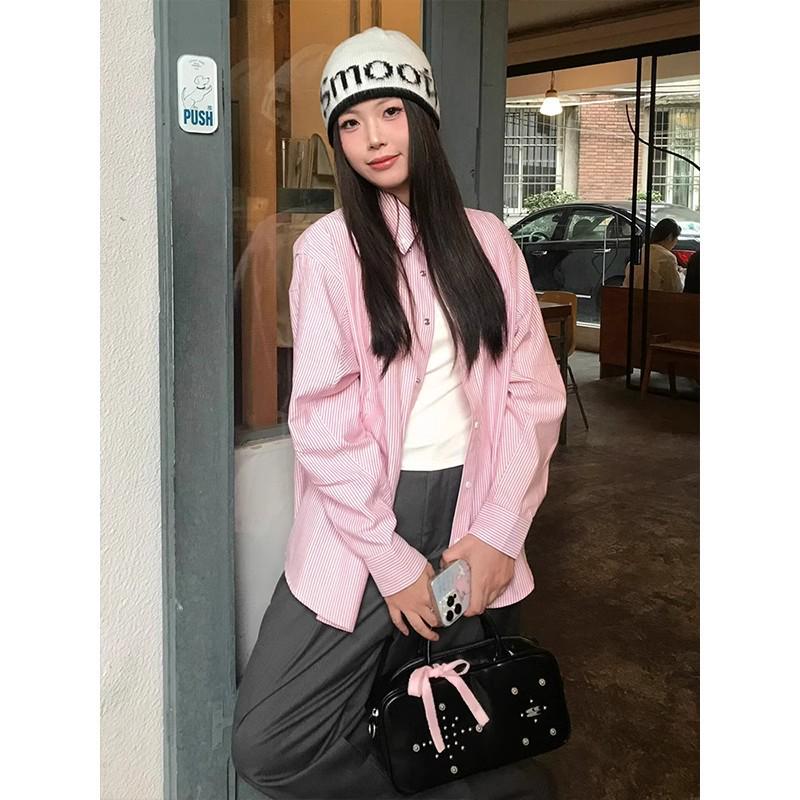 Women's Spring/Summer Pink Striped Shirt with Japanese Sweet Rabbit Embroidery - New Lazy Style Design
