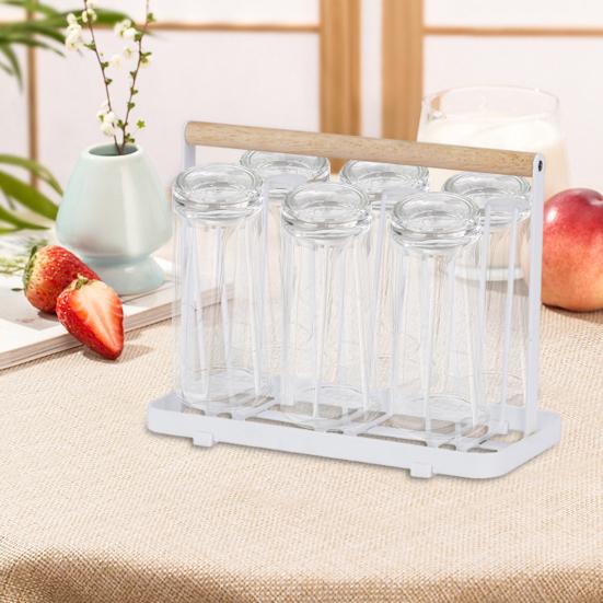 Yousheng 6-Hook Iron Cup Holder Rustproof Metal Drying Rack with Wooden Handle Space-Saving Kitchen Organizer for Mugs Glasses Bottles