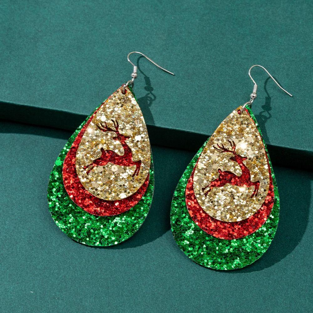 Glitter Christmas Earrings Leather Elk Drop Earrings Fashion Christmas Tree Ear Studs  Xmas