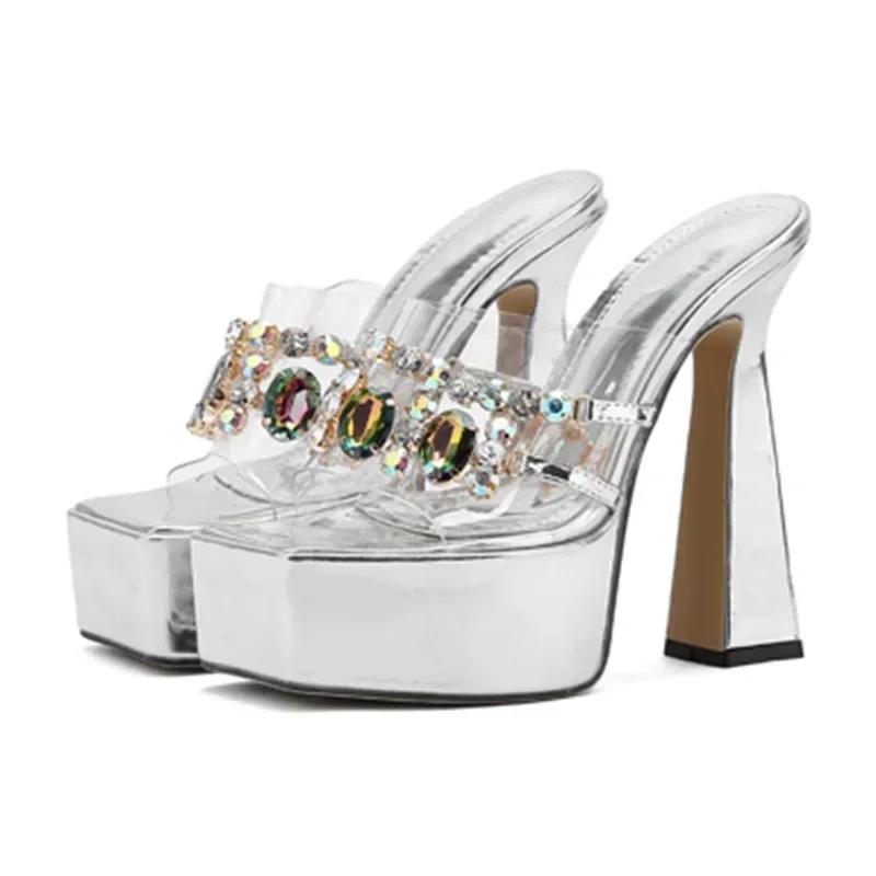 Fashion New Design Platform Peep Toe Women Slippers PVC Transparent Broad Band Crystal Square High Heels Rome Shoes Sandal
