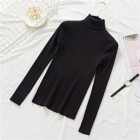 2025 Autumn/Winter Women's High Neck Pullover Sweater, Long Sleeve, Slim Fit, Solid Color Knitwear