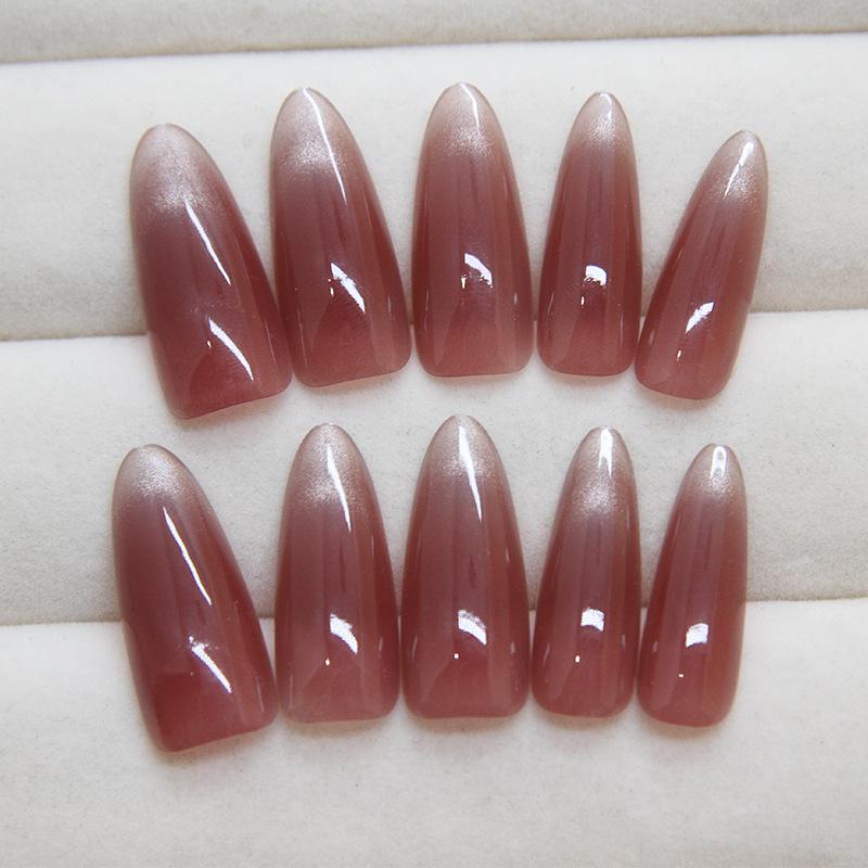Removable Wine Red Cat Eye Long Press-On Nails - Sweet High-End Nail Art Stickers