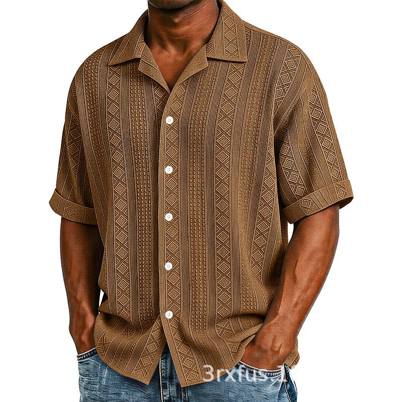 Men Cuban Collar Geometric Jacquard Full Button Short Sleeve Casual Shirt