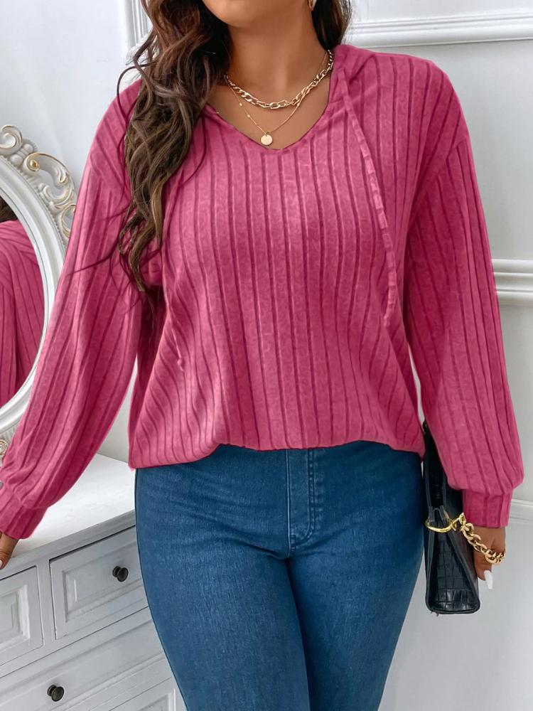 Plus Size Vintage Drawstring Hooded Tshirts Womens Long Sleeve Solid Knit Casual Tops Female Simple Design Chic Streetwear Clothes 2026