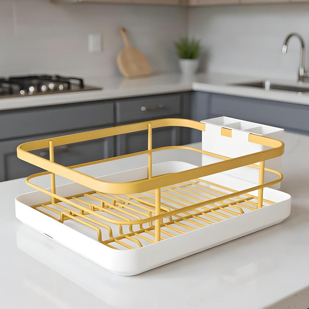 Dish Draining Rack Cutlery Rack with Drain Tray Cup Holder Cutlery Holder Kitchen Countertop Storage Rack Kitchen Accessories