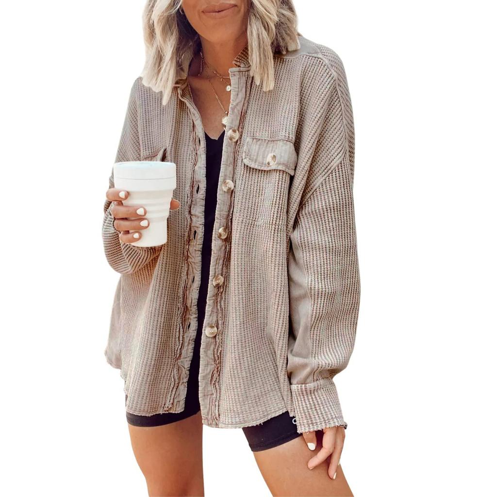 Autumn Women's Asymmetrical Shirt Jacket, Notched Lapel & Patch Pocket Design Casual Oversized Blouse for Daily Streetwear